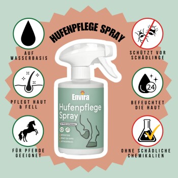 Envira Hufenpflege Spray für Pferde in einer Flasche, die Vorteile zeigt: "nährt Haut & Fell", "schützt vor Schädlingen", "befeuchtet", "chemiefrei."