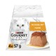 Purina Gourmet Revelations Katzenfutterverpackung mit weißer langhaariger Katze, Hühnermousse auf einem Teller, Aufschrift 'Mousse mit Huhn' und '4x 57 g'.