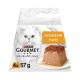 Purina Gourmet Revelations Katzenfutterverpackung mit weißer langhaariger Katze, Hühnermousse auf einem Teller, Aufschrift 'Mousse mit Huhn' und '4x 57 g'.