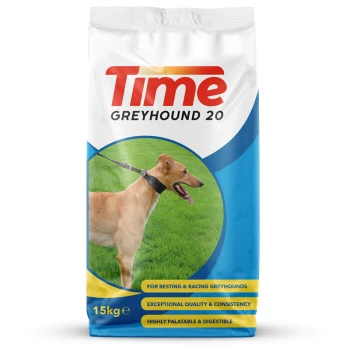 Dog food bag labeled "Time Greyhound 20," featuring a greyhound on a leash in a grassy field, with text highlighting quality and digestibility.