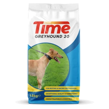 Dog food bag labeled "Time Greyhound 20," featuring a greyhound on a leash in a grassy field, with text highlighting quality and digestibility.
