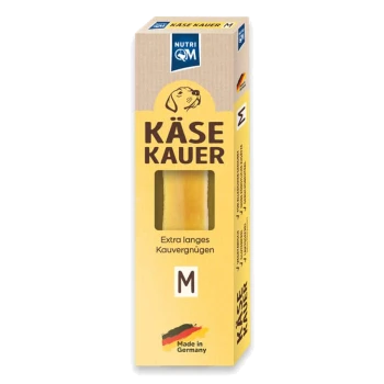 Nutri QM Käse Kauer mittelgroßer Hundekausnack, extra langer Kaugenuss, hergestellt in Deutschland, gelbe Verpackung.