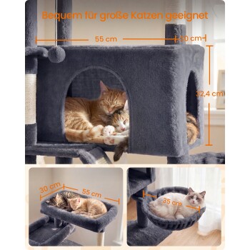 Grau-plüschiger Kratzbaum mit mehreren schlafenden Katzen, orangene Maßangaben und deutscher Text 'Bequem für große Katzen'.