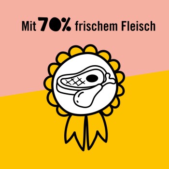 Ikonisches Abzeichen mit einer Fleischillustration, mit dem Text "Mit 70% frischem Fleisch" auf einem rosa und gelben Hintergrund.