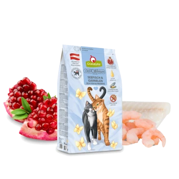 Eine Tüte GranataPet DeliCATessen Katzenfutter mit einer Illustration einer schwarzen und orangefarbenen Katze, beschriftet "Seefisch & Garnelen."