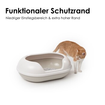 Eine helle Katzentoilette mit niedrigem Eingang und hohem Rand, mit einer orangefarbenen Tabby-Katze. Text: "Funktionaler Schutzrand" und "Niedriger Einstiegsbereich."