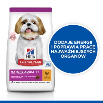 Torba z jedzeniem dla psów Hill's Science Plan Mature Adult 7+ z Shih Tzu, z tekstem podkreślającym wsparcie energetyczne i zdrowie narządów wewnętrznych.