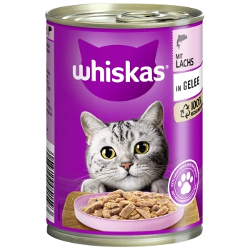 Whiskas Katzenfutterdose mit einer grauen getigerten Katze auf einem lila Hintergrund, mit einer Schüssel mit Nassfutter davor, beschriftet 'mit Lachs in Gelee.'
