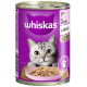 Whiskas Katzenfutterdose mit einer grauen getigerten Katze auf einem lila Hintergrund, mit einer Schüssel mit Nassfutter davor, beschriftet 'mit Lachs in Gelee.'