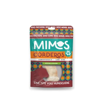 Lammunterbeine 1 Stk. Bunte Verpackung für MIMOS CORDEROS Lammknochen-Hundeleckerli, mit dem Text "DOG PASSION. DOG CARE. DOG MIND." und "HYPOALLERGEN."