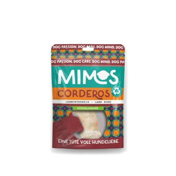 Un emballage coloré pour friandise pour chien en os d'agneau MIMOS CORDEROS, présentant le texte "DOG PASSION. DOG CARE. DOG MIND." et "HYPOALLERGEN."