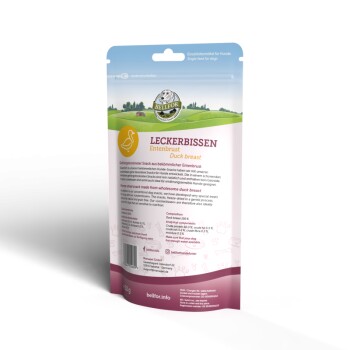 Hundeleckerli-Verpackung mit "LECKERBISSEN Entebrust" mit einem grünen und rosa Design, das natürliche Zutaten hervorhebt.