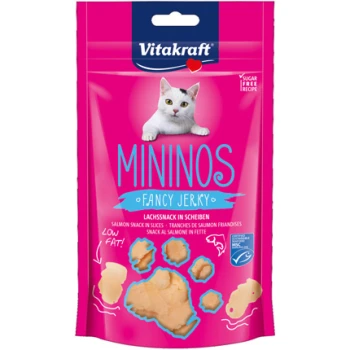 Mininos 13x40g Lachs Rosa Verpackung für Vitakraft Mininos Fancy Jerky Katzensnacks, mit einem Katzenbild, mit dem Text 'Wenig Fett!' und 'Zuckerfreies Rezept.'