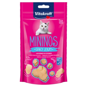 Rosa Verpackung für Vitakraft Mininos Fancy Jerky Katzensnacks, mit einem Katzenbild, mit dem Text 'Wenig Fett!' und 'Zuckerfreies Rezept.'
