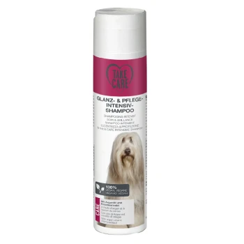 Flasche von "Take Care" Glanz- & Pflege-Intensiv-Shampoo für Hunde, mit einem weißen Hund auf dem Etikett, mit Text in mehreren Sprachen.