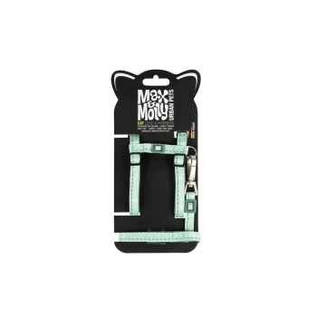 Mintgrünes Katzengeschirr und Leine auf schwarzer Katzenohren-Verpackung mit der Aufschrift "Max & Molly Urban Pets" und "Cat Lead & Harness".
