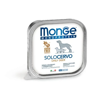 Monge Monoprotein Hundefutter, getreidefreie Formel, beschriftet mit "Solocervo Nur Hirsch", mit Text, der keine Farbstoffe, Konservierungsstoffe oder zugesetzten Zucker angibt.