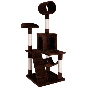 Brauner Katzenbaum mit mehreren Ebenen, einem Tunnel, einer Rampe und einem gemütlichen Versteck, entworfen zum Klettern und Spielen.