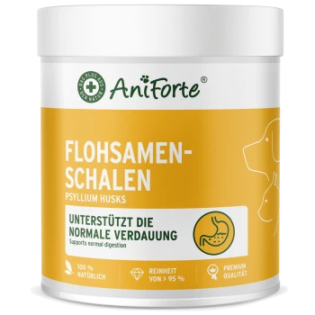 Behälter mit AniForte Flohsamen für Haustiere, mit einem leuchtend gelben Etikett, das die normale Verdauung unterstützt.