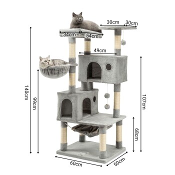 Grau mehrstöckiger Kratzbaum für Katzen mit zwei entspannten Katzen, Kratzpfosten und einem gemütlichen Versteck. Abmessungen: 140cm H, 60cm B, 50cm T.