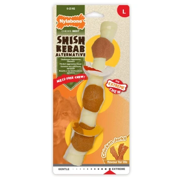 Nylabone Shish Kebab Alternative dog chew toy, featuring a bone with various textured pieces, labeled "Mess-Free Chew!" and "Extreme Chew."