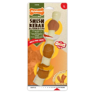 Nylabone Shish Kebab Alternative dog chew toy, featuring a bone with various textured pieces, labeled "Mess-Free Chew!" and "Extreme Chew."