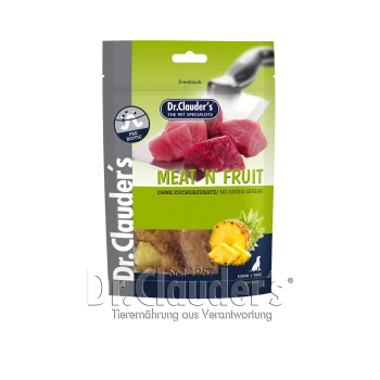Verpackung von Dr. Clauder's Meat 'n' Fruit Haustierfutter, mit Fleisch- und Obststücken, mit dem Text "Kein Zuckerzusatz" und "Präbiotisch."