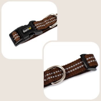 Brauner Haustierhalsband mit reflektierenden Streifen, mit einer schwarzen Schnalle, die "lionto" beschriftet ist, und einem Metall-D-Ring zur Leinenbefestigung.