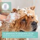Ein Hund wird mit Shampooschaum gebadet, während eine Hand seinen Kopf massiert. Text empfiehlt, 60 Sekunden zu massieren, bevor man abspült.
