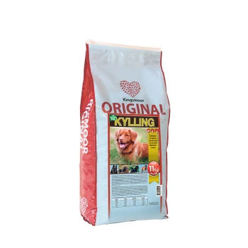 Kingsmoor Original Hundefutterbeutel, mit einem Golden Retriever auf der Vorderseite, beschriftet mit "KYLLING" und wiegt 11 kg.
