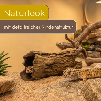 Leopardengeckos in sandigem Terrarium mit hohlem Log-Versteck; Text: 'Naturlook - mit detailreicher Rindenstruktur'