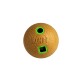 KONG dog toy, round shape with a textured surface, featuring a yellow-brown color and green openings for treats.