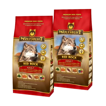 Dwie torby premium karmy dla psów Wolfsblut Red Rock dla dorosłych, zawierające mięso kangura, dynię i słodkie ziemniaki.