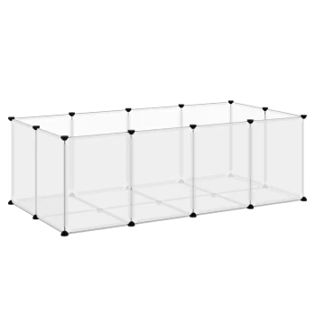 Transparenter Tierspielbereich mit schwarzen Verbindungsstücken, mit mehreren Paneelen zur Schaffung eines sicheren Raums für Haustiere.