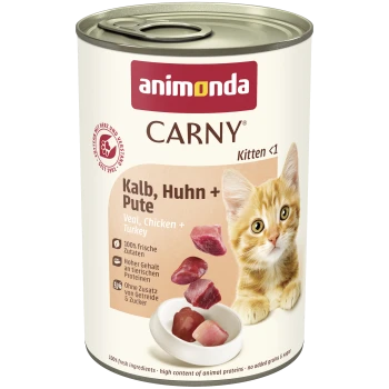 Boîte de nourriture humide Animonda CARNY pour chatons étiquetée 'Kalb, Huhn + Pute' (veau, poulet + dinde) avec chaton roux et morceaux de viande.