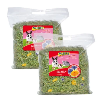 Bloesemhooi 2 x 500g Twee doorzichtige zakken Multifit Blütenheu (bloemenhooi) voor kleine huisdieren, elk met 500g natuurlijk hooi met kleurrijke bloemen.