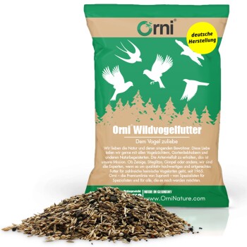 Grün-beige 20kg Sack Orni Wildvogelfutter mit weißen Vogelsilhouetten und deutschem Text.