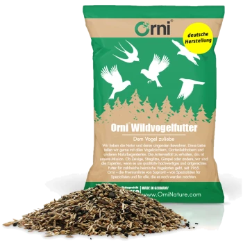 Grün-beige 20kg Sack Orni Wildvogelfutter mit weißen Vogelsilhouetten und deutschem Text.