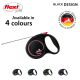 A black flexi dog leash with a pink design, labeled "Available in 4 colours" and "BLACK DESIGN," featuring a logo indicating German quality.