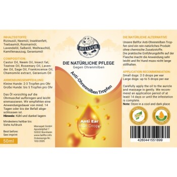 Etikett für Bellfor Anti-Ohrmilben-Tropfen, mit natürlichen Inhaltsstoffen wie Rizinusöl und Neemöl, mit Anwendungshinweisen für Hunde.