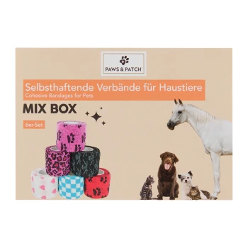 Kohäsive Verbände für Haustiere in einer Mischbox, mit bunten Rollen und Bildern eines Pferdes, Hundes, einer Katze und einem Kätzchen.