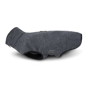 Grauer Hundemantel mit schwarzer Einfassung und "WOLTERS" Etikett, entworfen für Wärme und Komfort, auf weißem Hintergrund dargestellt.