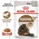 Royal Canin Ageing 12+ cat food pouch, featuring a fluffy cat illustration, with text highlighting joint health and EPA/DHA.
