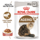 Royal Canin Ageing 12+ cat food pouch, featuring a fluffy cat illustration, with text highlighting joint health and EPA/DHA.