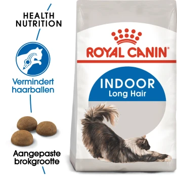 Royal Canin Indoor Long Hair kattenvoer zak met een illustratie van een langharige kat en tekst over gezondheidsvoeding en haarbalreductie.