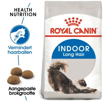 Royal Canin Indoor Long Hair kattenvoer zak met een illustratie van een langharige kat en tekst over gezondheidsvoeding en haarbalreductie.