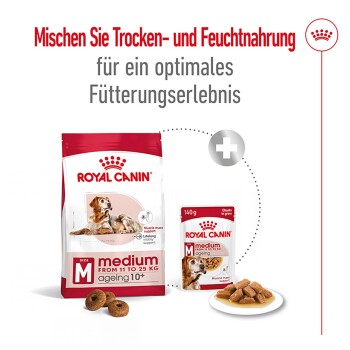 Royal Canin Hundefutterverpackung mit Trocken- und Nassfutteroptionen für mittelgroße Hunde ab 10 Jahren, mit Fokus auf Unterstützung der Muskelmasse.