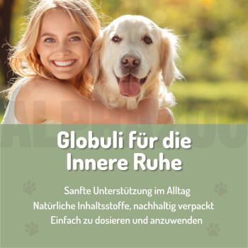 Flasche ALPHAZOO Seelenruhe Bachblüten (Innere Ruhe) für Hunde und Katzen, mit natürlichen Inhaltsstoffen, 0% Alkohol und einem 'Plant for the Planet'-Tag.