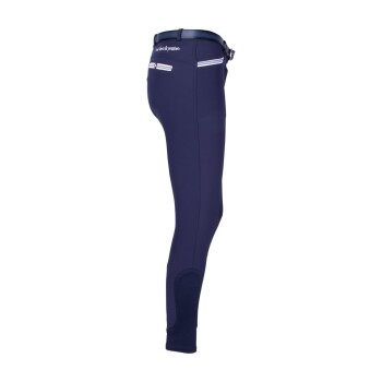 Marineblaue Reitleggings mit hohem Bund, ausgestattet mit weißen Streifen und einem Logo, das "For love & passion" liest.