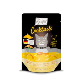 Mjamjam Cocktails Katzenfutterbeutel mit Cartoon-Katze und Schüssel gelber Soße; sichtbarer Text 'Mjamjam' und 'Cocktails'.
